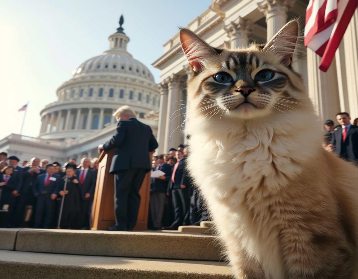 Cat on the Capitol steps during a historic inauguration, surrounded by flags and cheering crowds.